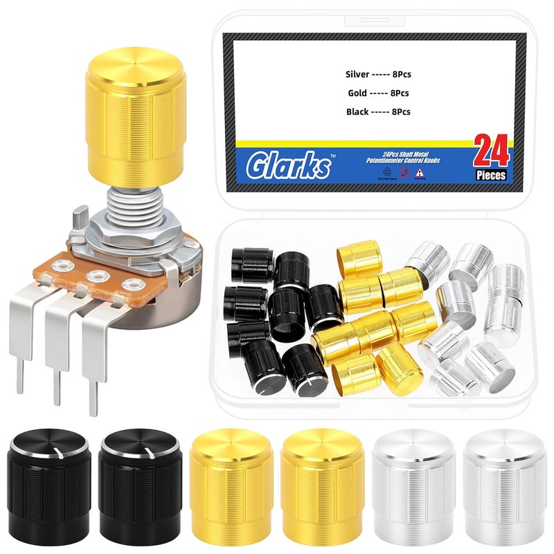 Glarks 24pcs 5.7mm Black/Gold/Silver Aluminum Potentiometer Control Knobs Kit, Potentiometer Knob Knurled Shaft, Rotary Knob, Volume Control Knob Encoder for Synthesizers, Amplifier, Knob Replacement - Image 1